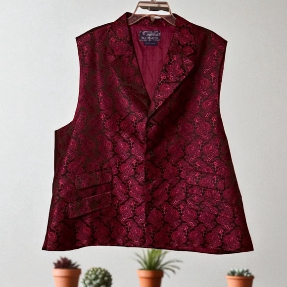 Blu Martini Mens Elegant Red and Black Brocade Vest Size 48R Button Down - Picture 1 of 14